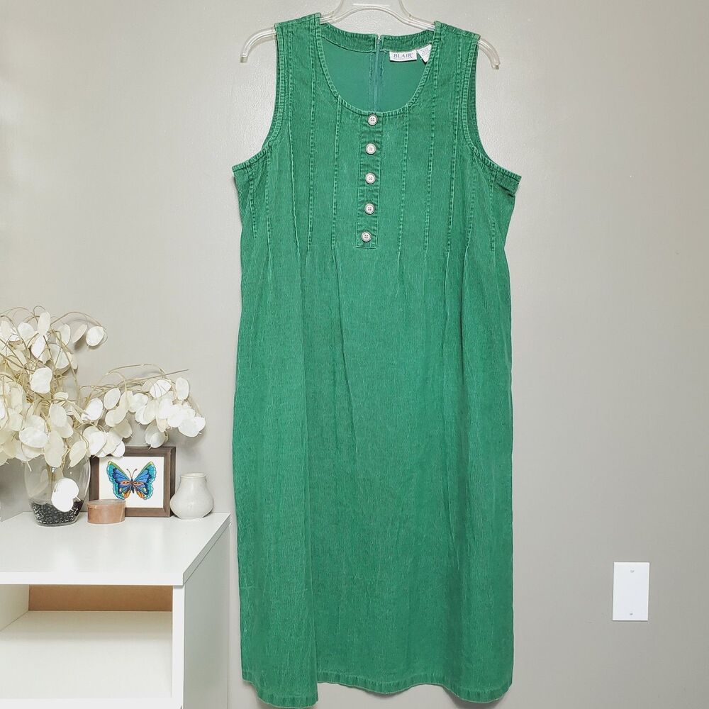 Vintage Blair Corduroy Dress Womens Size XL Green Long Sleeveless Waist Ties